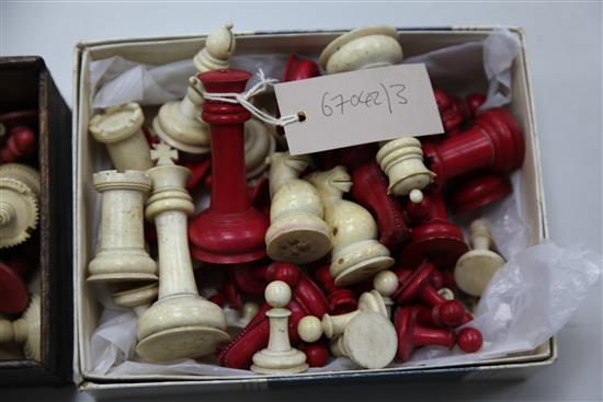 A Victorian Staunton pattern turned bone chess set & 2 others